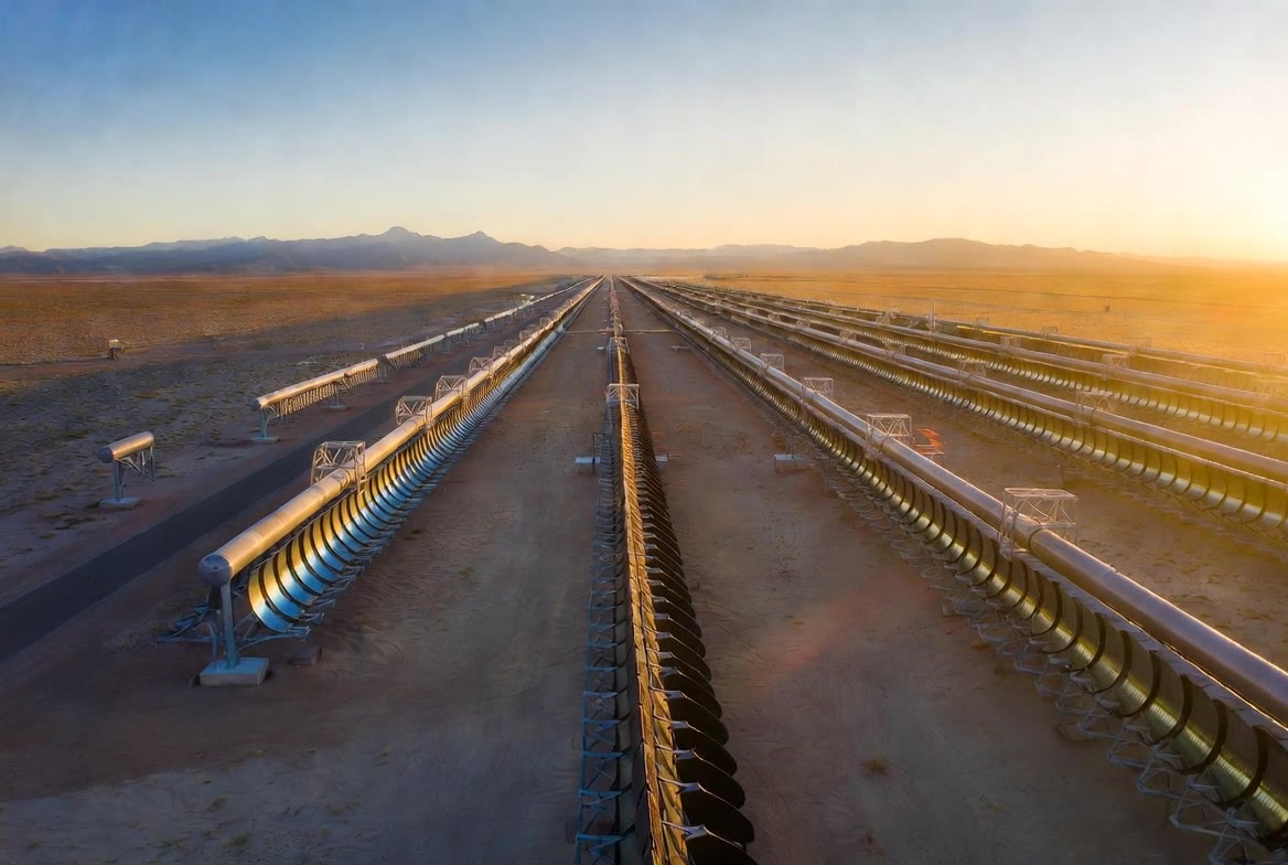 Aerial view of a Fresnel-lens concentrating solar array (concept rendering)